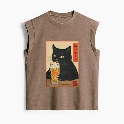 Tokyo-Tiger Cat Holding A Glass Of Beer Women's Washed Tank Tops