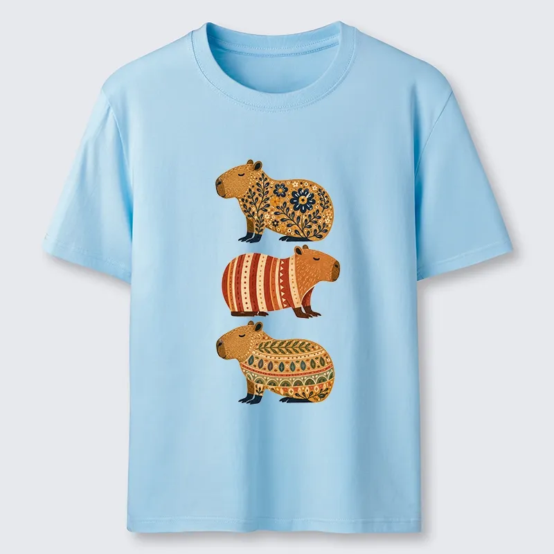 Tokyo-Tiger Folk Floral Striped Capybara Trio Print Classic T-Shirt