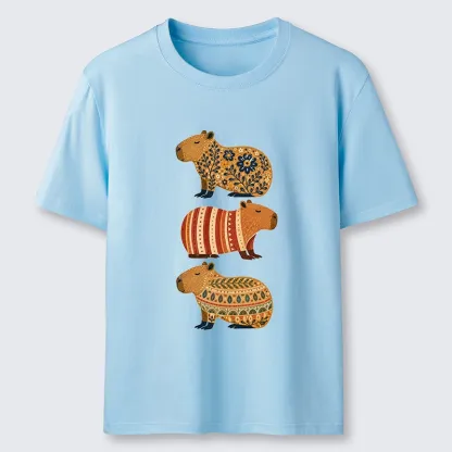 Tokyo-Tiger Folk Floral Striped Capybara Trio Print Classic T-Shirt