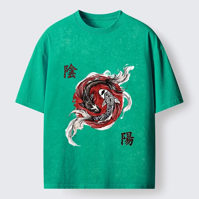 Tokyo-Tiger Red Ink Twin Koi Fish Harmony Washed T-Shirt