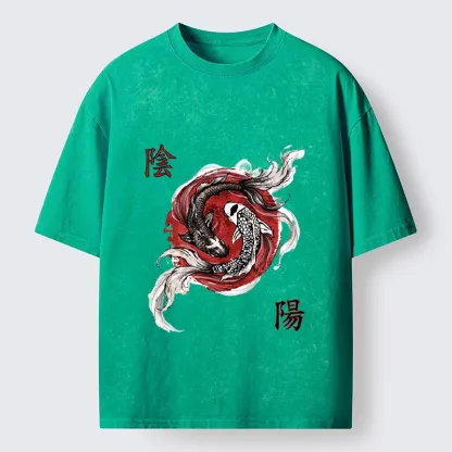 Tokyo-Tiger Red Ink Twin Koi Fish Harmony Washed T-Shirt