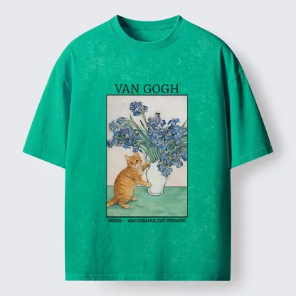 Tokyo-Tiger Orange Cat Touches Van Gogh Irises Washed T-Shirt