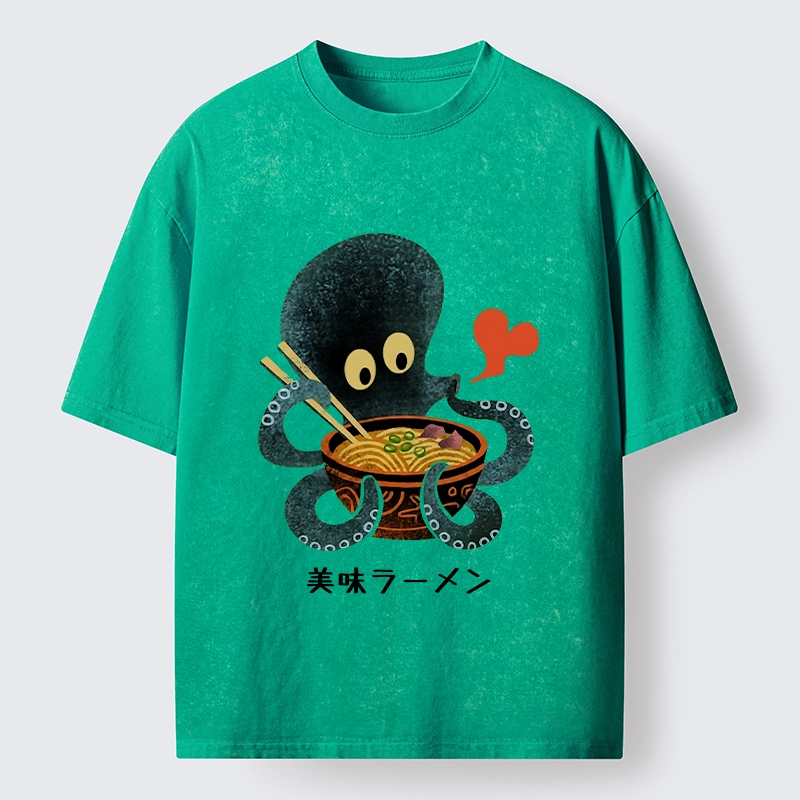 Tokyo-Tiger Octopus Uses Chopsticks For Ramen Washed T-Shirt 
