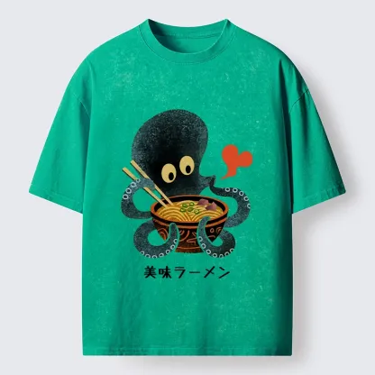 Tokyo-Tiger Octopus Uses Chopsticks For Ramen Washed T-Shirt 