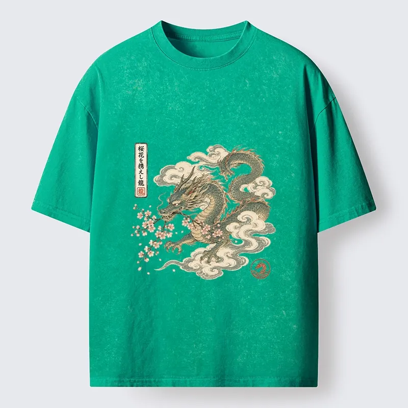 Tokyo-Tiger Ancient Dragon Holds Pink Sakura Blooms Washed T-Shirt 