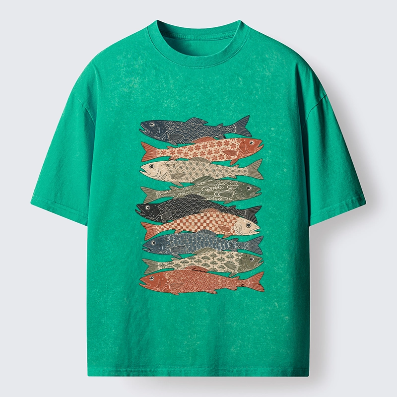 Tokyo-Tiger Patterned Stack Fish Japanese Block Print Washed T-Shirt