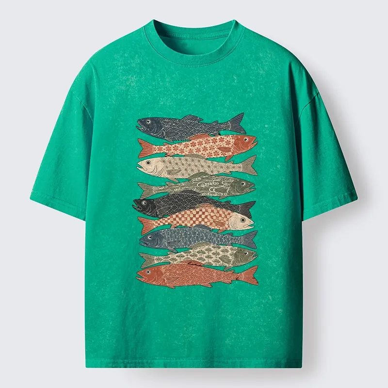 Tokyo-Tiger Patterned Stack Fish Japanese Block Print Washed T-Shirt