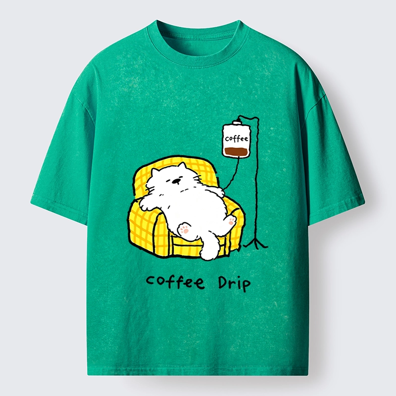 Tokyo-Tiger Fluffy Cat Needs Coffee Drip Art Washed T-Shirt Sale