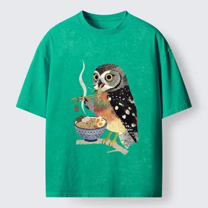 Tokyo-Tiger Owl Slurps Hot Ramen Japan Art Washed T-Shirt