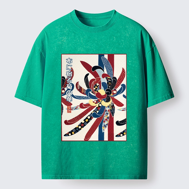 Tokyo-Tiger Traditional Oriental Big Flower Ukiyo Print Washed T-Shirt