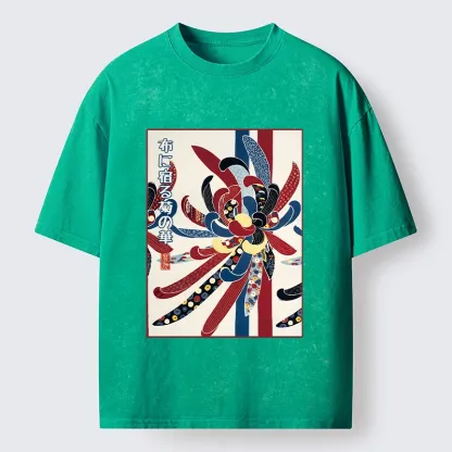 Tokyo-Tiger Traditional Oriental Big Flower Ukiyo Print Washed T-Shirt