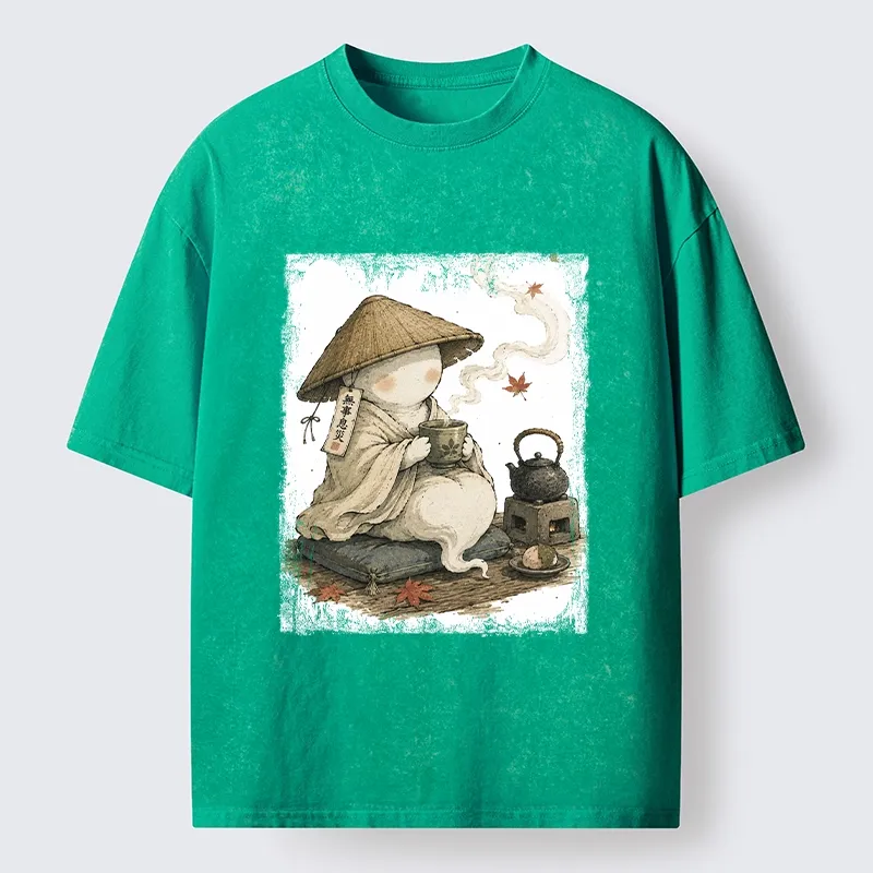 Tokyo-Tiger Cute Ghost Peaceful Tea Time Art Washed T-Shirt