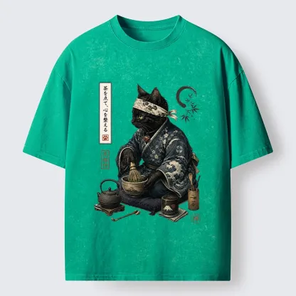 Tokyo-Tiger Samurai Cat Makes Matcha Tea Art Washed T-Shirt