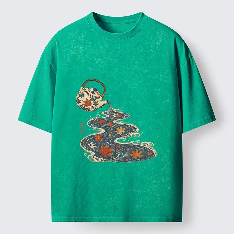Tokyo-Tiger Maple Tea Pot Flowing River Ukiyo Art Washed T-Shirt