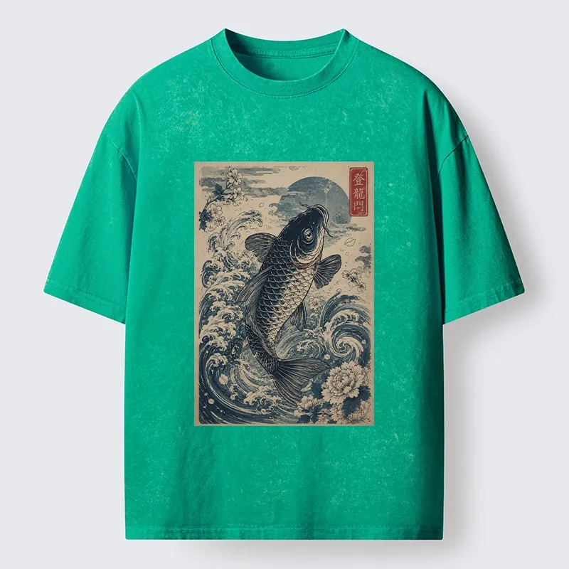 Tokyo-Tiger Vintage Ukiyo Koi Wave Flower Graphic Washed T-Shirt Sale
