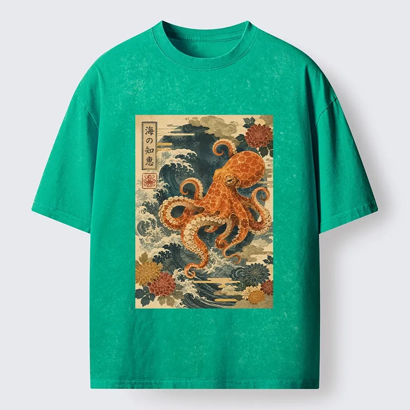 Tokyo-Tiger Wise Octopus Sea Wave Ukiyo E Art Washed T-Shirt