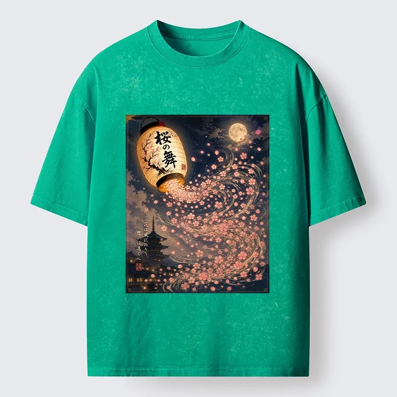 Tokyo-Tiger Sakura Wind Flows From Paper Lantern Graphic Washed T-Shirt
