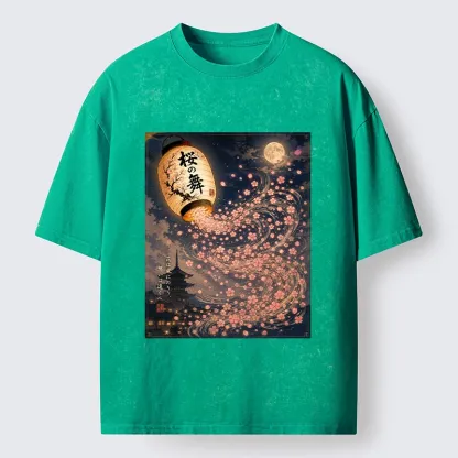 Tokyo-Tiger Sakura Wind Flows From Paper Lantern Graphic Washed T-Shirt