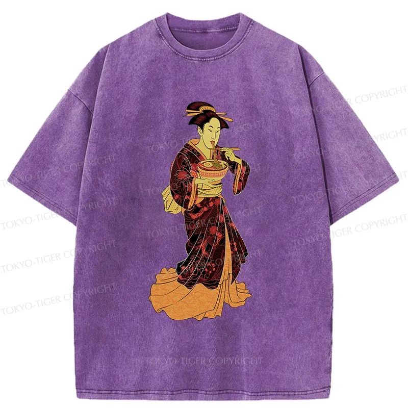 Tokyo-Tiger Geisha Eating Ramen Washed T-Shirt
