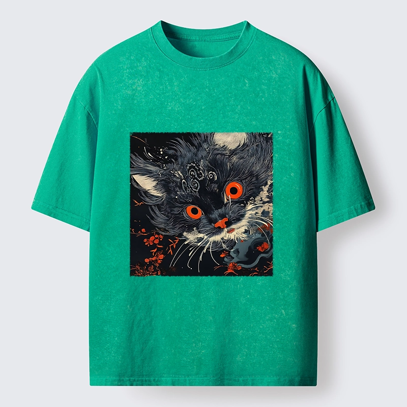 Tokyo-Tiger Soft Fluffy Black Cat Vintage Oriental Print Washed T-Shirt