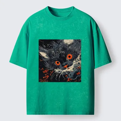 Tokyo-Tiger Soft Fluffy Black Cat Vintage Oriental Print Washed T-Shirt