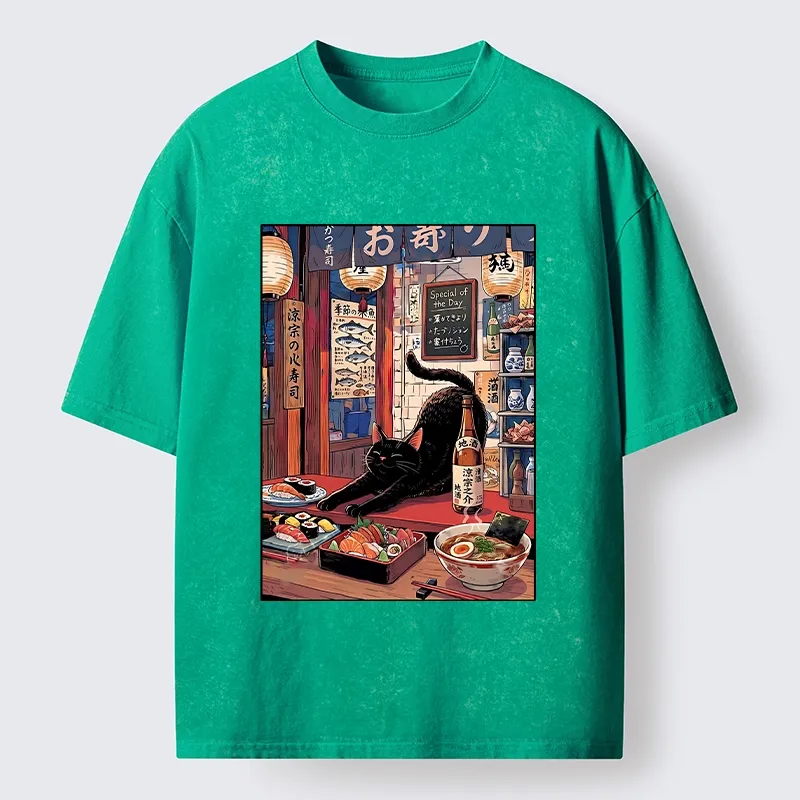 Tokyo-Tiger Warm Lantern Izakaya Black Cat Food Art Print Washed T-Shirt