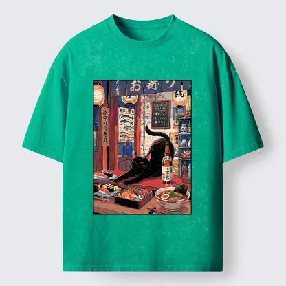 Tokyo-Tiger Warm Lantern Izakaya Black Cat Food Art Print Washed T-Shirt
