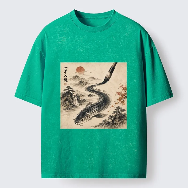 Tokyo-Tiger Autumn Mountain Ink Carp Brush Design Washed T-Shirt