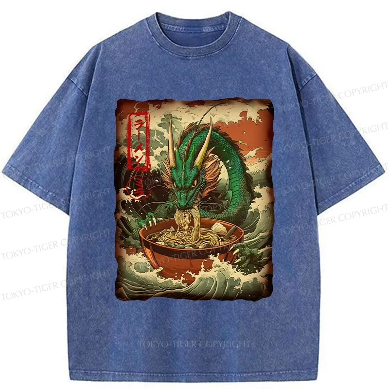 Tokyo-Tiger Ramen Lover Giant Dragon Washed T-Shirt