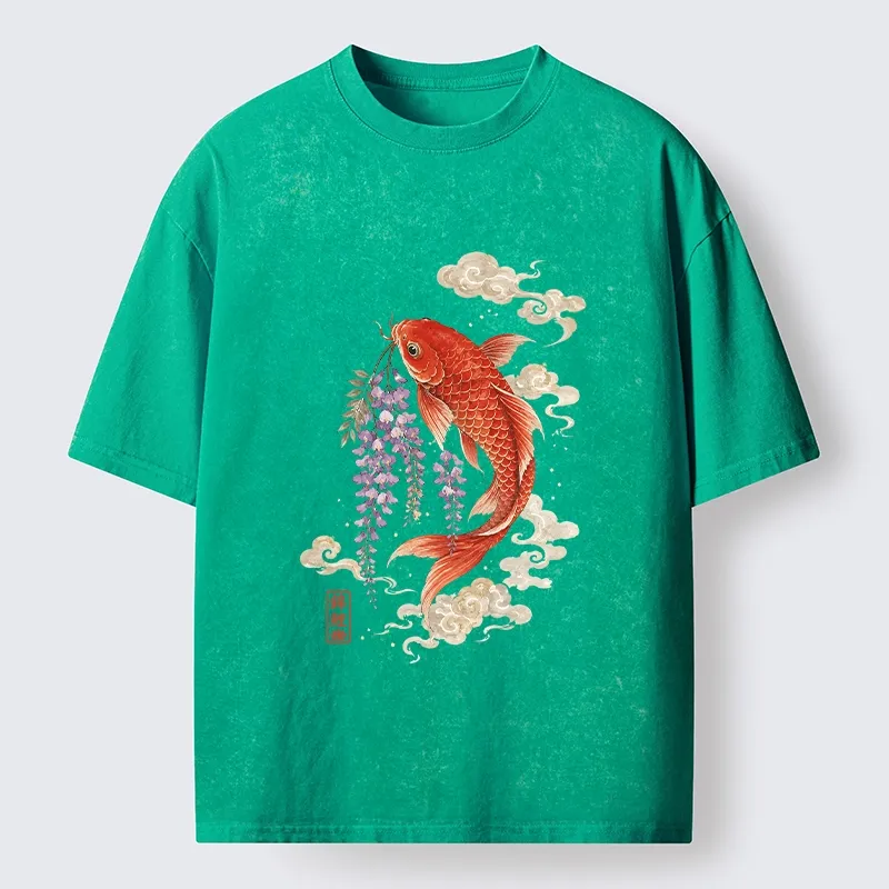 Tokyo-Tiger Soft Cloud Koi Floral Graphic Print Washed T-Shirt