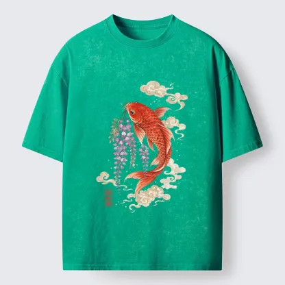 Tokyo-Tiger Soft Cloud Koi Floral Graphic Print Washed T-Shirt