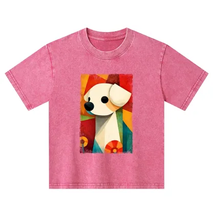 Tokyo-Tiger Retro Abstract Color Block Puppy Art Kids Washed T-Shirt