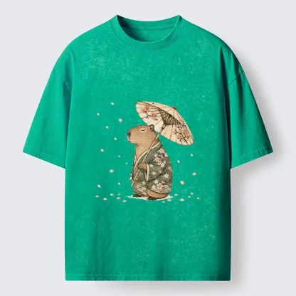 Tokyo-Tiger Relaxed Capybara Spring Sakura Kimono Art Washed T-Shirt