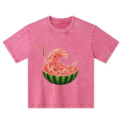 Tokyo-Tiger Watermelon Wave Summer Ukiyo Art Kids Washed T-Shirt