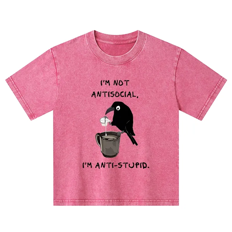 Tokyo-Tiger Cool Crow Sips Calm Coffee Alone Kids Washed T-Shirt