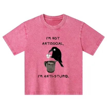 Tokyo-Tiger Cool Crow Sips Calm Coffee Alone Kids Washed T-Shirt