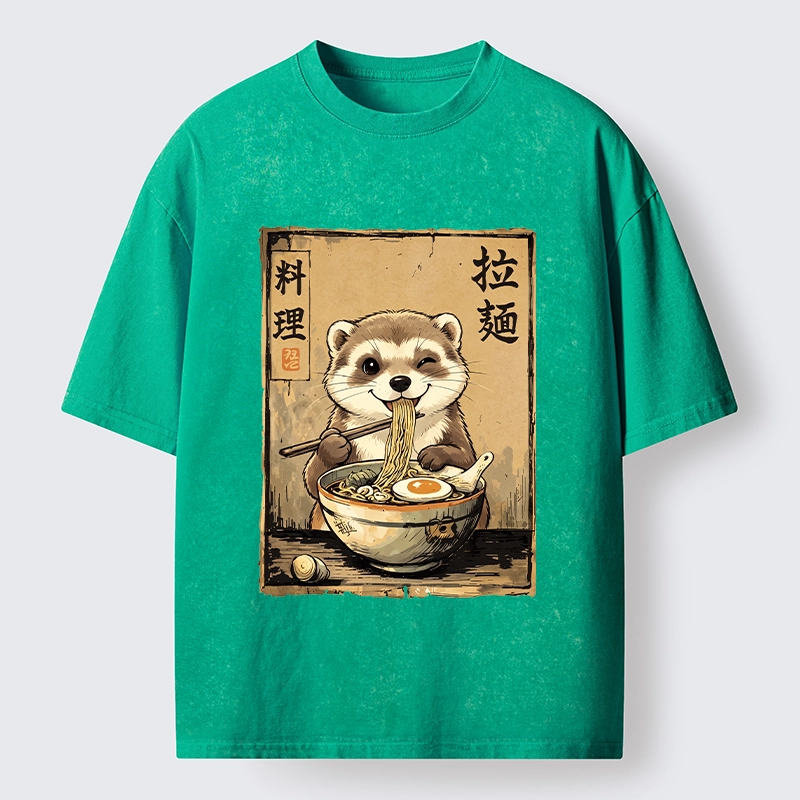 Tokyo-Tiger Ferret Eating Hot Ramen Washed T-Shirt