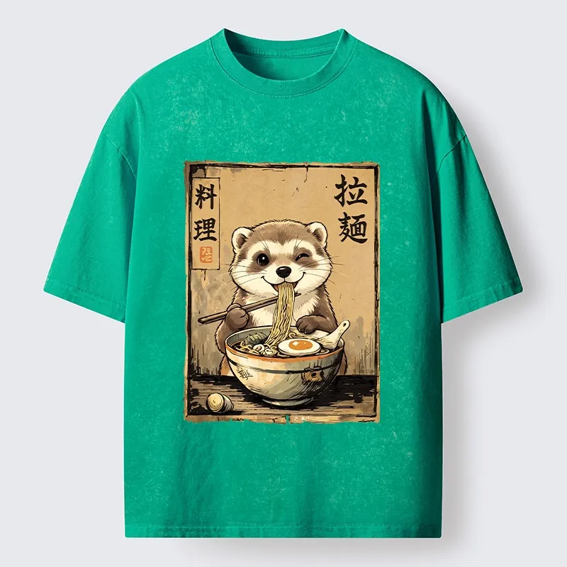 Tokyo-Tiger Ferret Eating Hot Ramen Washed T-Shirt