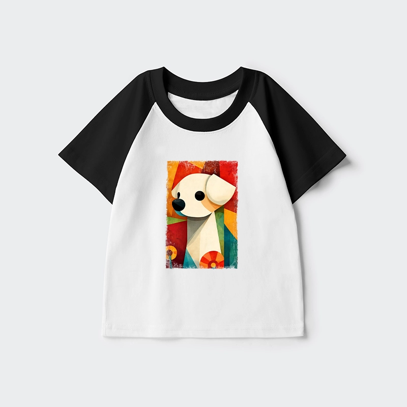Tokyo-Tiger Retro Abstract Color Block Puppy Art Kids Raglan T-shirt