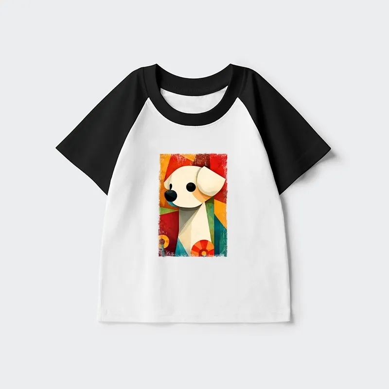 Tokyo-Tiger Retro Abstract Color Block Puppy Art Kids Raglan T-shirt