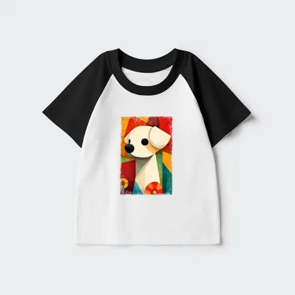 Tokyo-Tiger Retro Abstract Color Block Puppy Art Kids Raglan T-shirt