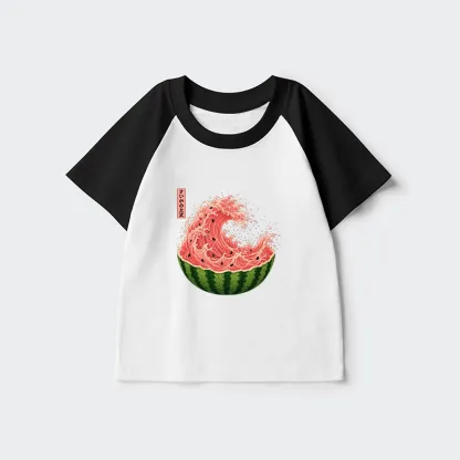 Tokyo-Tiger Watermelon Wave Summer Ukiyo Art Kids Raglan T-shirt
