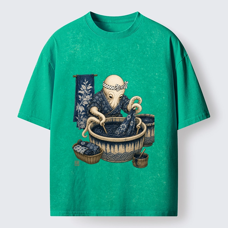 Tokyo-Tiger Kimono Dye Octopus Art Washed T-Shirt