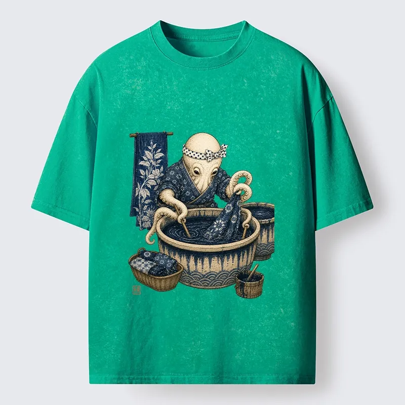 Tokyo-Tiger Kimono Dye Octopus Art Washed T-Shirt