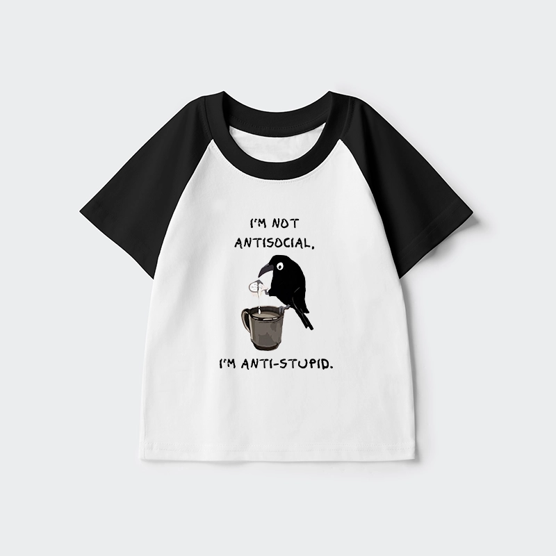 Tokyo-Tiger Cool Crow Sips Calm Coffee Alone Kids Raglan T-shirt