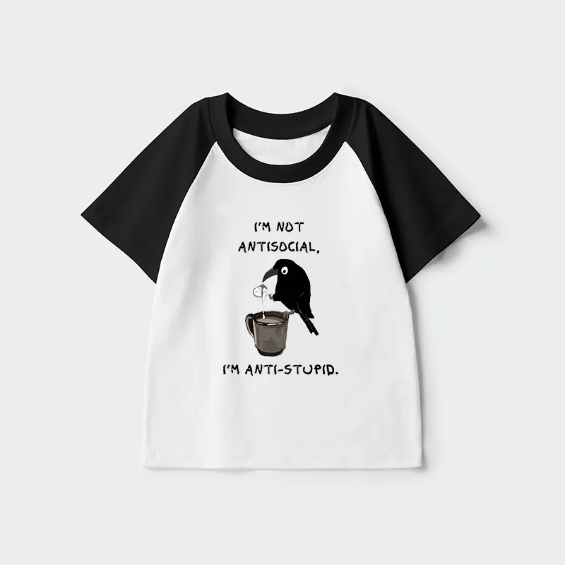 Tokyo-Tiger Cool Crow Sips Calm Coffee Alone Kids Raglan T-shirt
