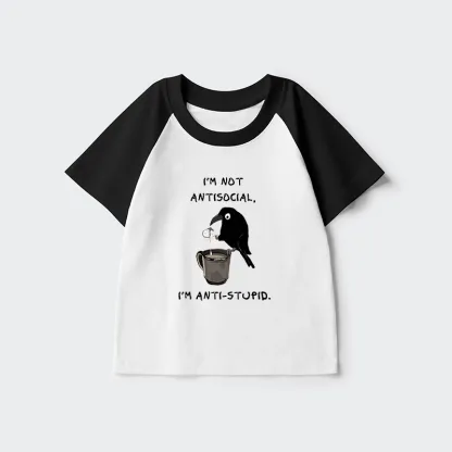 Tokyo-Tiger Cool Crow Sips Calm Coffee Alone Kids Raglan T-shirt