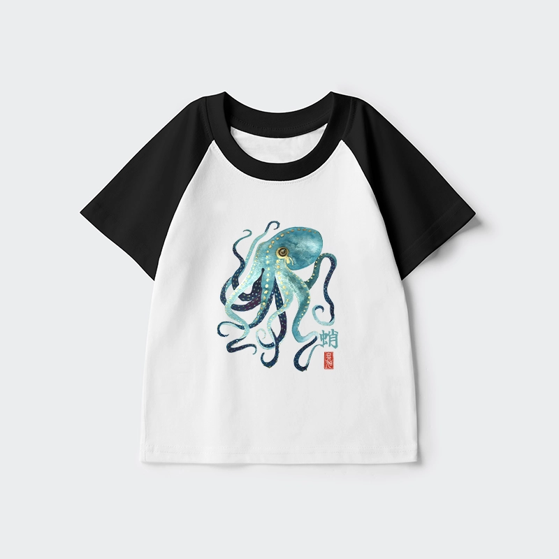 Tokyo-Tiger Soft Watercolor Octopus Japanese Art Kids Raglan T-shirt