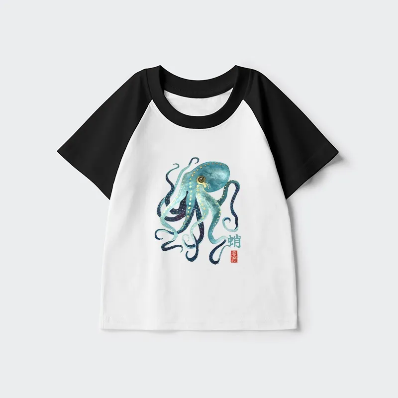 Tokyo-Tiger Soft Watercolor Octopus Japanese Art Kids Raglan T-shirt