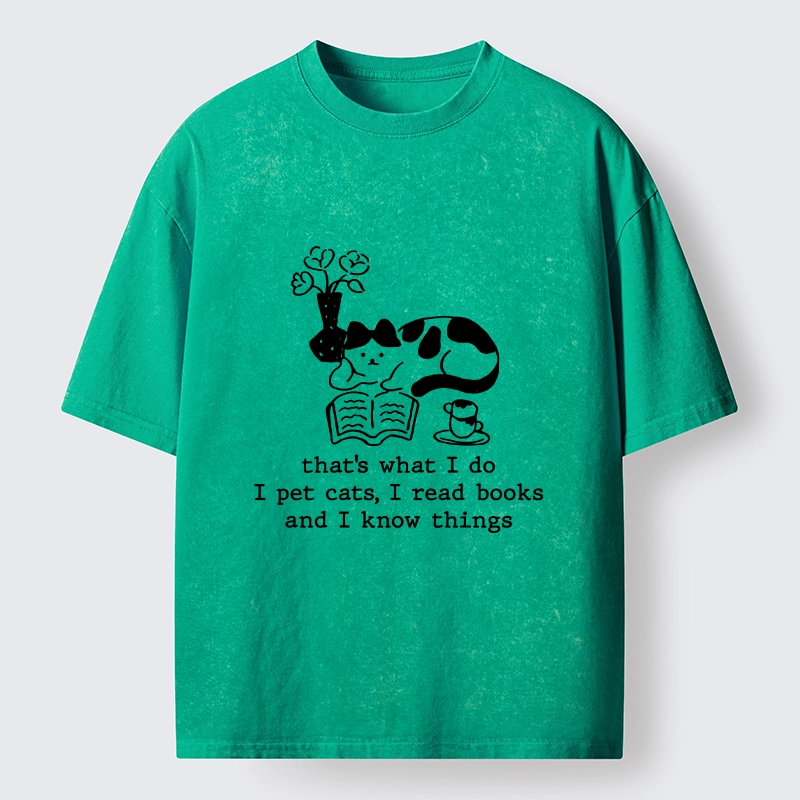 Tokyo-Tiger Book Loving Coffee Cat Washed T-Shirt